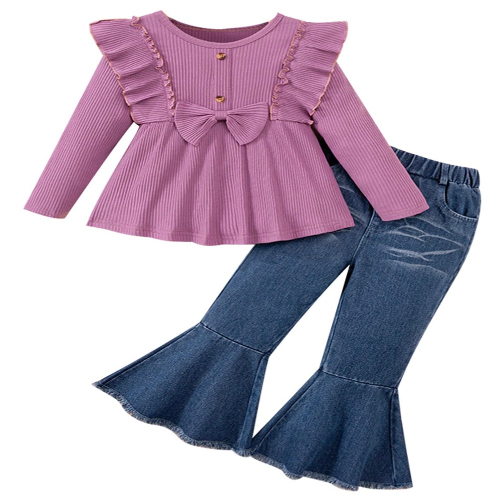 Sislerew Toddler Girl Clothes Solid Color Ruffle Bowtie Top and Flare Pants Headband 2Pcs Winter Baby Girl Outfits (Purple, 12-18Months)