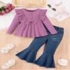 Sislerew Toddler Girl Clothes Solid Color Ruffle Bowtie Top and Flare Pants Headband 2Pcs Winter Baby Girl Outfits (Purple, 12-18Months) view 2