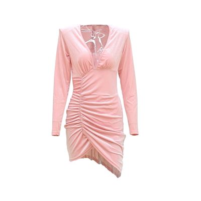 NineFit Basics Women'S Sexy Long Sleeve Velvet Ruched Dress V Neck Cocktail Party Evening Club Maxi Dress Fall Wedding Guest Dresses (Large,Pink)