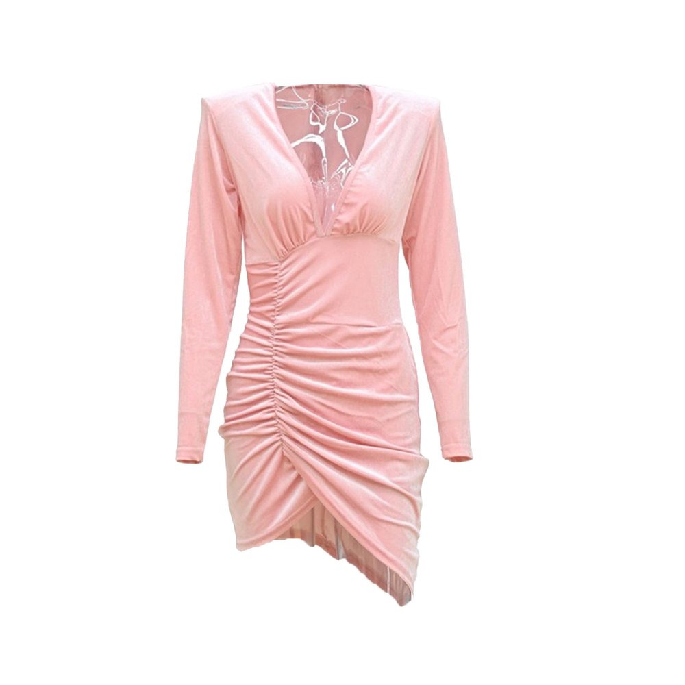 NineFit Basics Women'S Sexy Long Sleeve Velvet Ruched Dress V Neck Cocktail Party Evening Club Maxi Dress Fall Wedding Guest Dresses (Large,Pink)