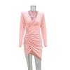 NineFit Basics Women'S Sexy Long Sleeve Velvet Ruched Dress V Neck Cocktail Party Evening Club Maxi Dress Fall Wedding Guest Dresses (Large,Pink) view 3