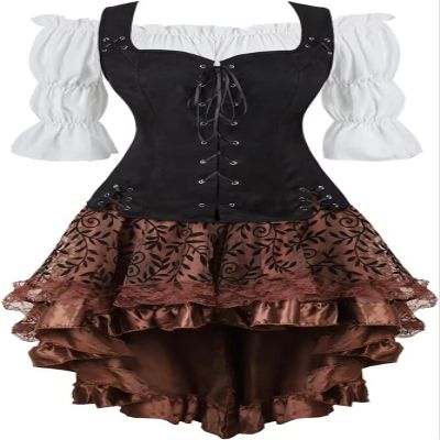 Renaissance Costume Women Set Pirate Vest Shirt Viking Medieval Chemise Dress Peasant Tops Irish Black 3XL