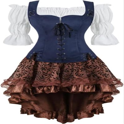 Renaissance Faire Costume Women Medieval Pirate Shirts Vest 3 Pcs Viking Lace-up Waistcoat Cosplay Blue M