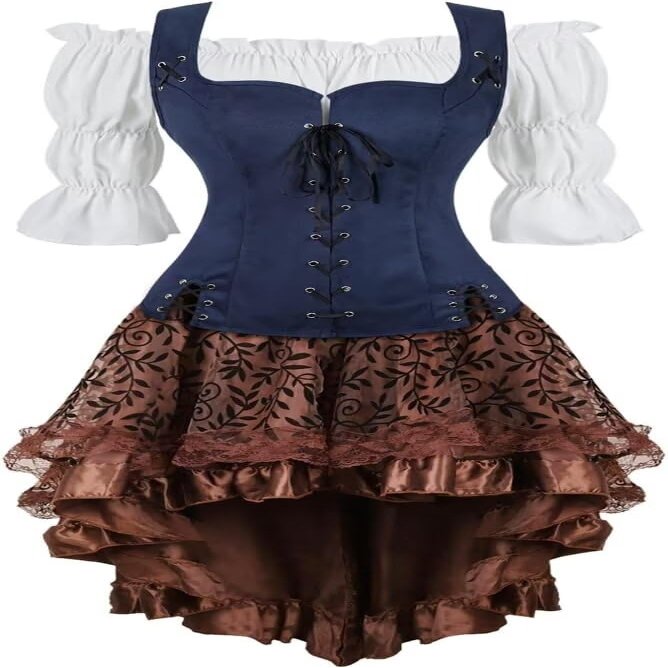 Renaissance Faire Costume Women Medieval Pirate Shirts Vest 3 Pcs Viking Lace-up Waistcoat Cosplay Blue M