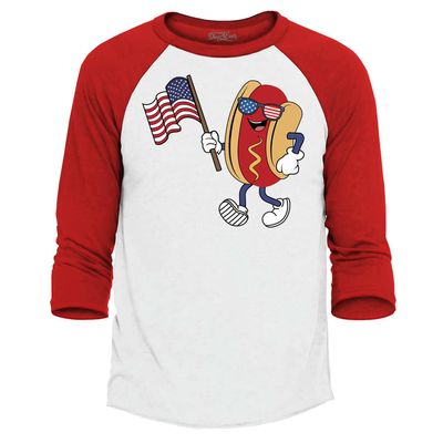 4th of July Hot Dog American Flag Sunglasses Hotdog Raglan Baseball Shirt XX-LargeWhite/Red