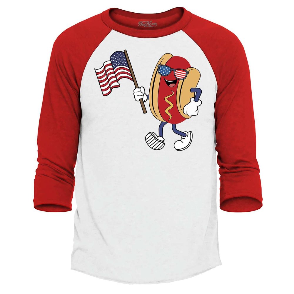 4th of July Hot Dog American Flag Sunglasses Hotdog Raglan Baseball Shirt XX-LargeWhite/Red