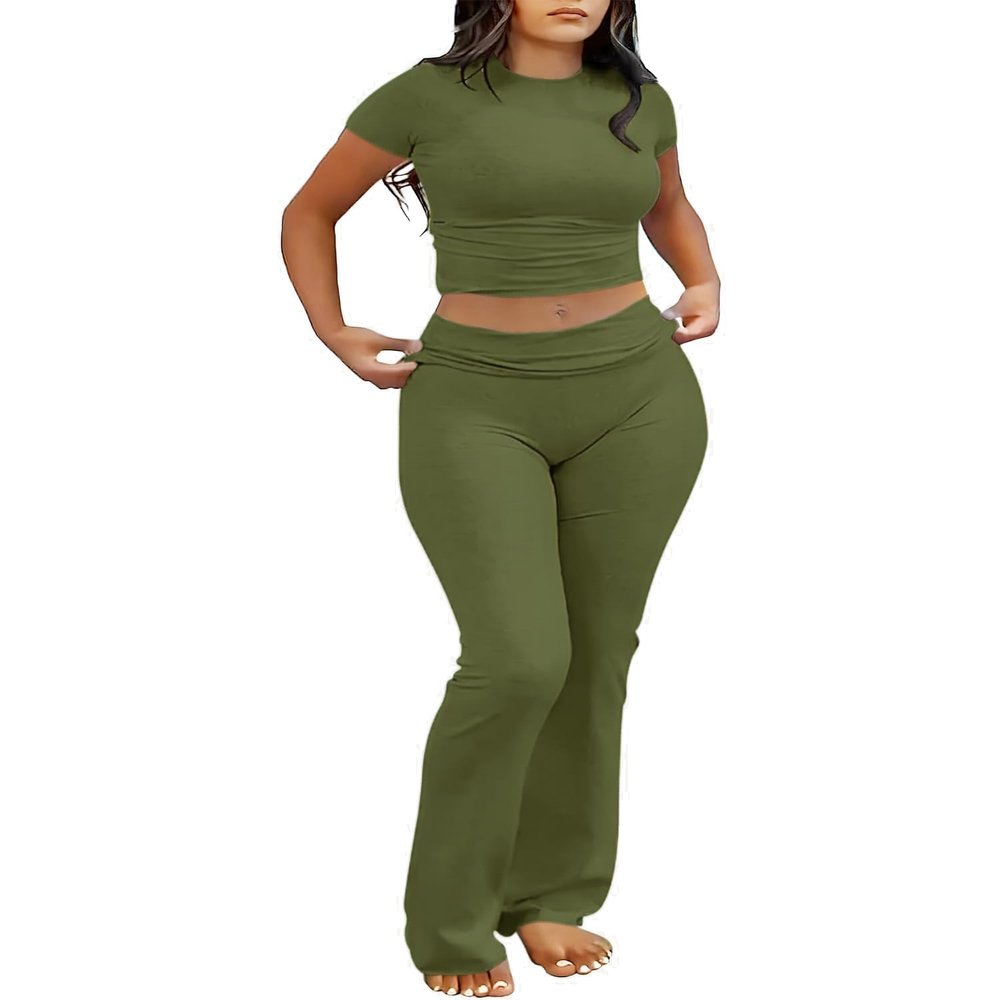 AYWA Women's 2 Piece Lounge Sets Short Sleeve Crop Top Foldover Flare Pants Casual Pajama Outfits (Army Green, Small)