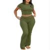 AYWA Women's 2 Piece Lounge Sets Short Sleeve Crop Top Foldover Flare Pants Casual Pajama Outfits (Army Green, Small) view 1