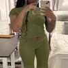 AYWA Women's 2 Piece Lounge Sets Short Sleeve Crop Top Foldover Flare Pants Casual Pajama Outfits (Army Green, Small) view 2
