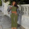 AYWA Women's 2 Piece Lounge Sets Short Sleeve Crop Top Foldover Flare Pants Casual Pajama Outfits (Army Green, Small) view 3
