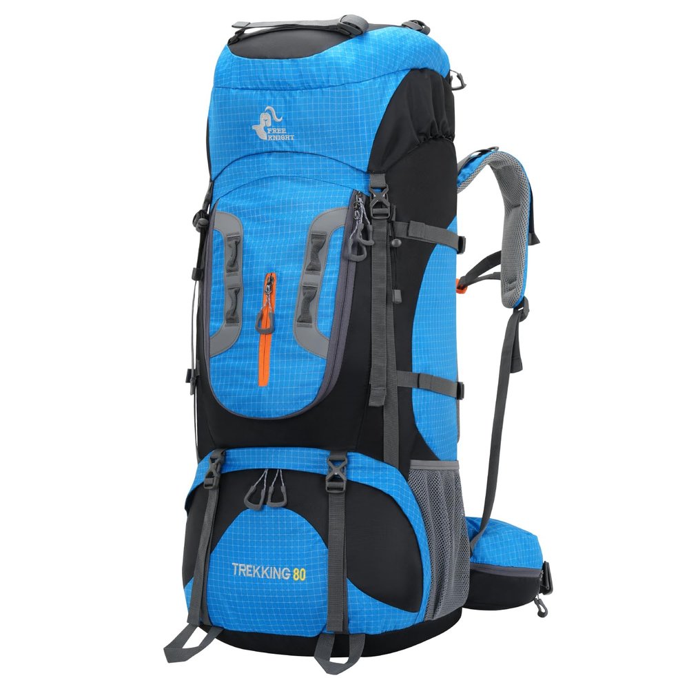 Bseash 80L Waterproof Hiking Camping Backpack with Rain Cover, Lightweight Outdoor Sport Travel Daypack for Climbing Touring (Blue)