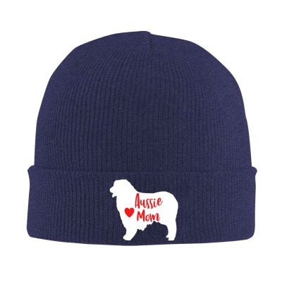 Aussie Mom Australian Shepherd Beanie Hat Winter Unisex Knit Hat Ski Stocking Cuffed Cap Navy Blue
