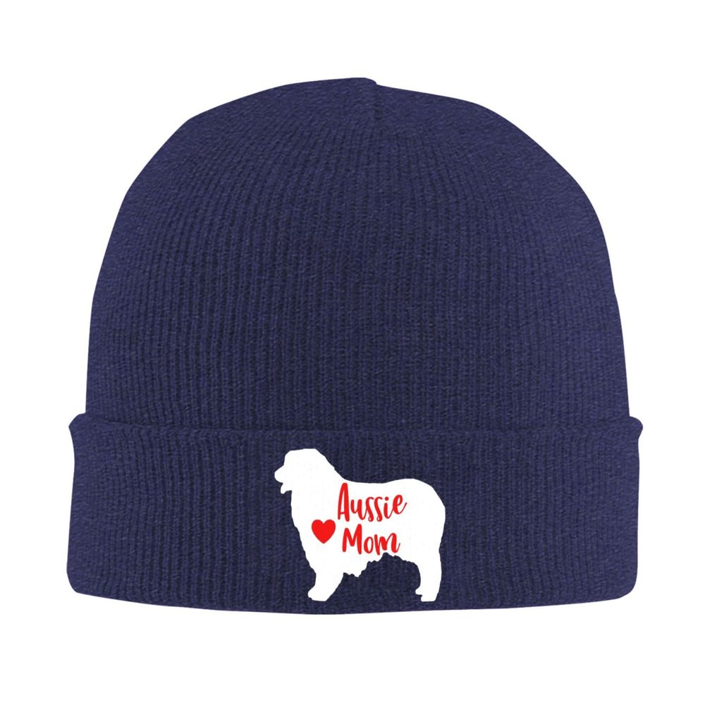 Aussie Mom Australian Shepherd Beanie Hat Winter Unisex Knit Hat Ski Stocking Cuffed Cap Navy Blue
