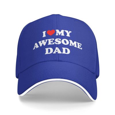 I Love My Awesome Dad Gift Baseball Cap Men Trucker Hat Gift Women Dad Hat Sun Hat Adjustable Ponytail Hat Blue
