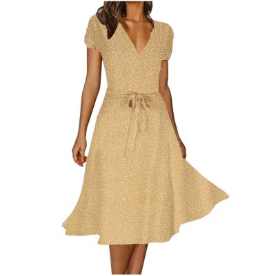 XUNRYAN Bohemian Dresses Women 2024 Summer Casual V-Neck Polka Dots Chiffon Wrap Midi Dress Below Knee Length Trendy Sundress