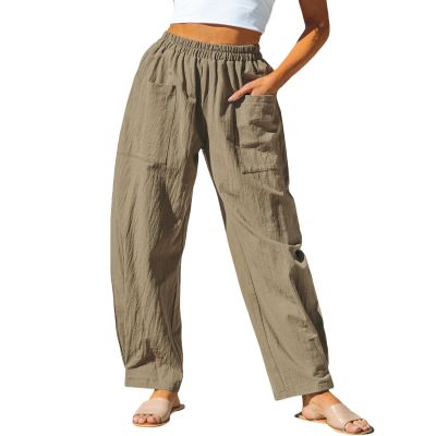 CUPSHE Women Pants Patch Pocket Tapered Leg Elastic Waist Long Pant Casual Beach,Khaki XS