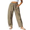 CUPSHE Women Pants Patch Pocket Tapered Leg Elastic Waist Long Pant Casual Beach,Khaki XS view 1