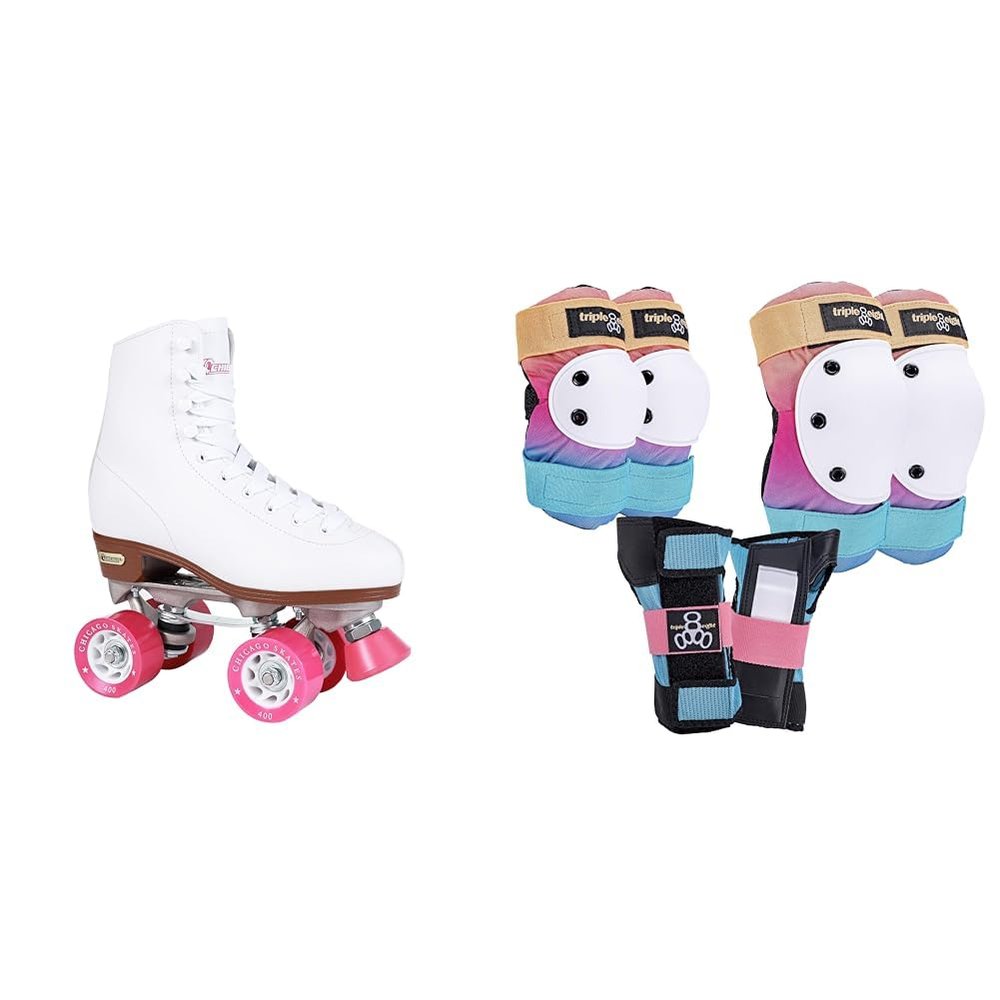 CHICAGO White Quad Roller Skates for Women Beginners with Triple Eight Saver Series Pad Set - Kneesavers Elbowsavers and Wristsavers Medium Sunset
