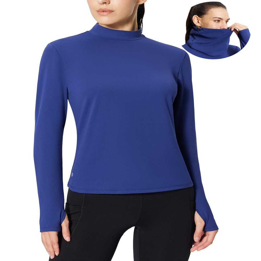 baleaf Women's Thermal Shirts Mock Neck Top with Neck Gaiter Blue L