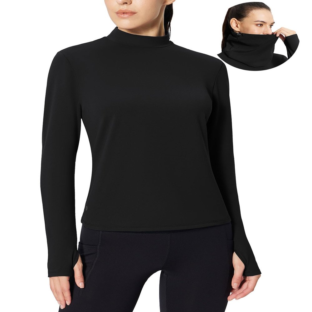 baleaf Women's Thermal Shirts Mock Neck Top with Neck Gaiter Black 2XL