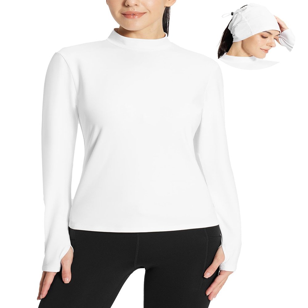 baleaf Women's Thermal Shirts Mock Neck Top with Neck Gaiter White S
