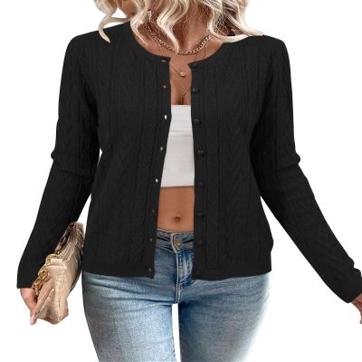 Arach&Cloz Womens 2025 Lightweight Button Down Long Sleeve Business Casual Clothes Crew Neck Soft Knit Fall Black Cardigan Summer Fashion Outfits Trendy Ribbed Sweater Tops