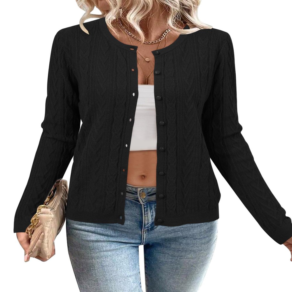 Arach&Cloz Womens 2025 Lightweight Button Down Long Sleeve Business Casual Clothes Crew Neck Soft Knit Fall Black Cardigan Summer Fashion Outfits Trendy Ribbed Sweater Tops