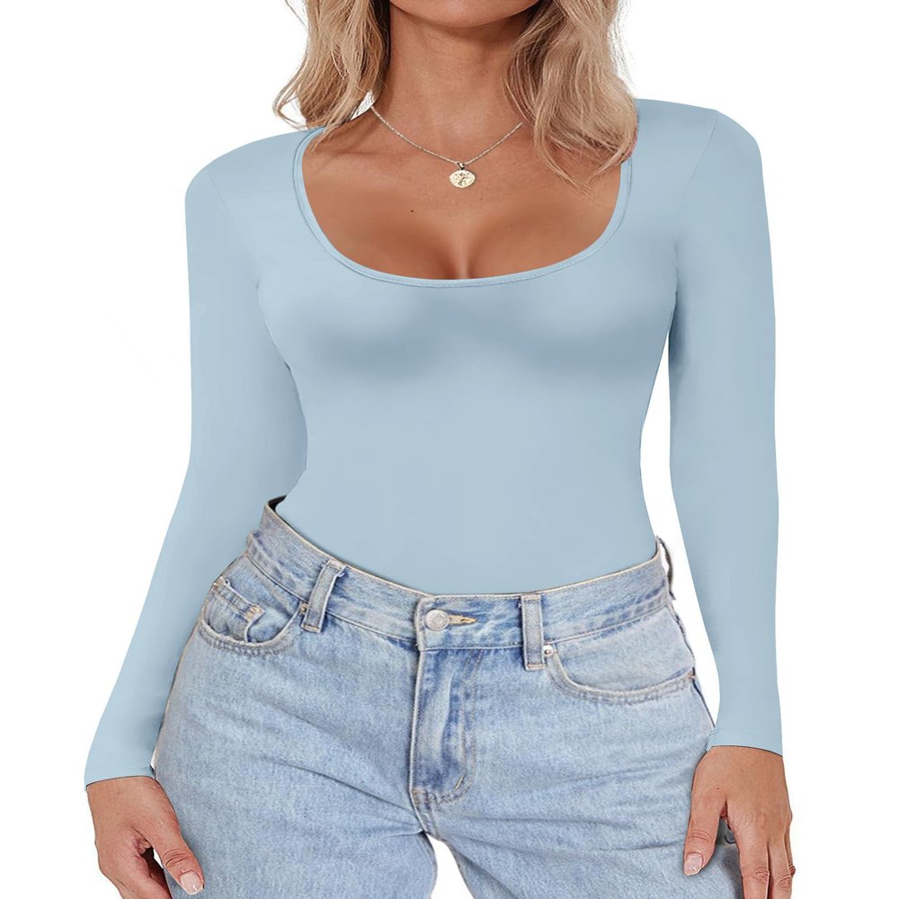 Ekouaer Women's Scoop Neck Long Sleeve Top Tight Shirts Thermal Undershirts Base Layer Tee Light Blue S