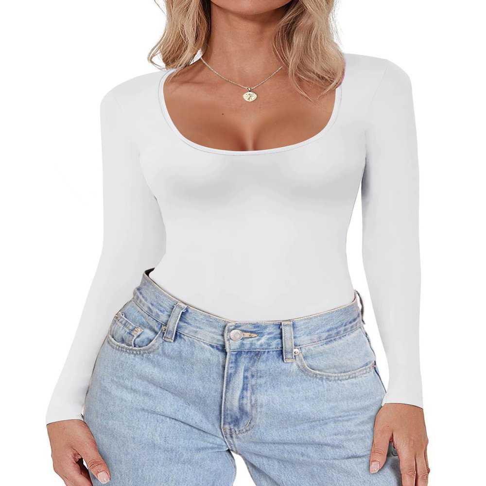 Ekouaer Women's Scoop Neck Long Sleeve Top Tight Shirts Thermal Undershirts Base Layer Tee White XXL
