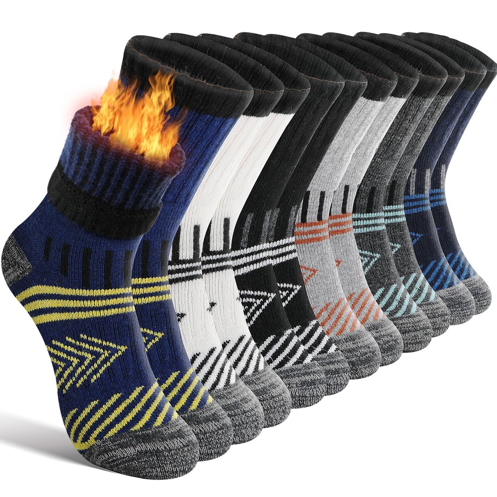 EBMORE Kids Merino Wool Hiking Socks Boys Toddlers Girls Winter Thermal Thick Warm Boot Cushion Ski Snow Gift Socks Stocking Stuffers 6 Pairs (Dark Stripes, 4-7 Years)