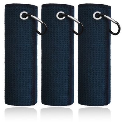 Mile High Life Microfiber Towel 3 Pack, 16" X 16", Waffle Pattern Design with Carabiner Clip, Super Absorbent, Small Golf Ball Towels, Golf Bag Accessories for Men and Women, Navy