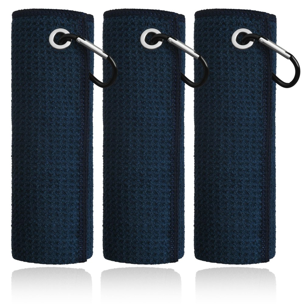 Mile High Life Microfiber Towel 3 Pack, 16" X 16", Waffle Pattern Design with Carabiner Clip, Super Absorbent, Small Golf Ball Towels, Golf Bag Accessories for Men and Women, Navy