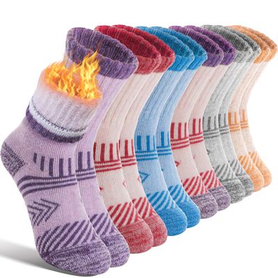 EBMORE Kids Merino Wool Hiking Socks Toddlers Girls Winter Thermal Thick Warm Boot Cushion Ski Snow Gift Socks Stocking Stuffers 6 Pairs (Colored Stripes, 12-15 Years)