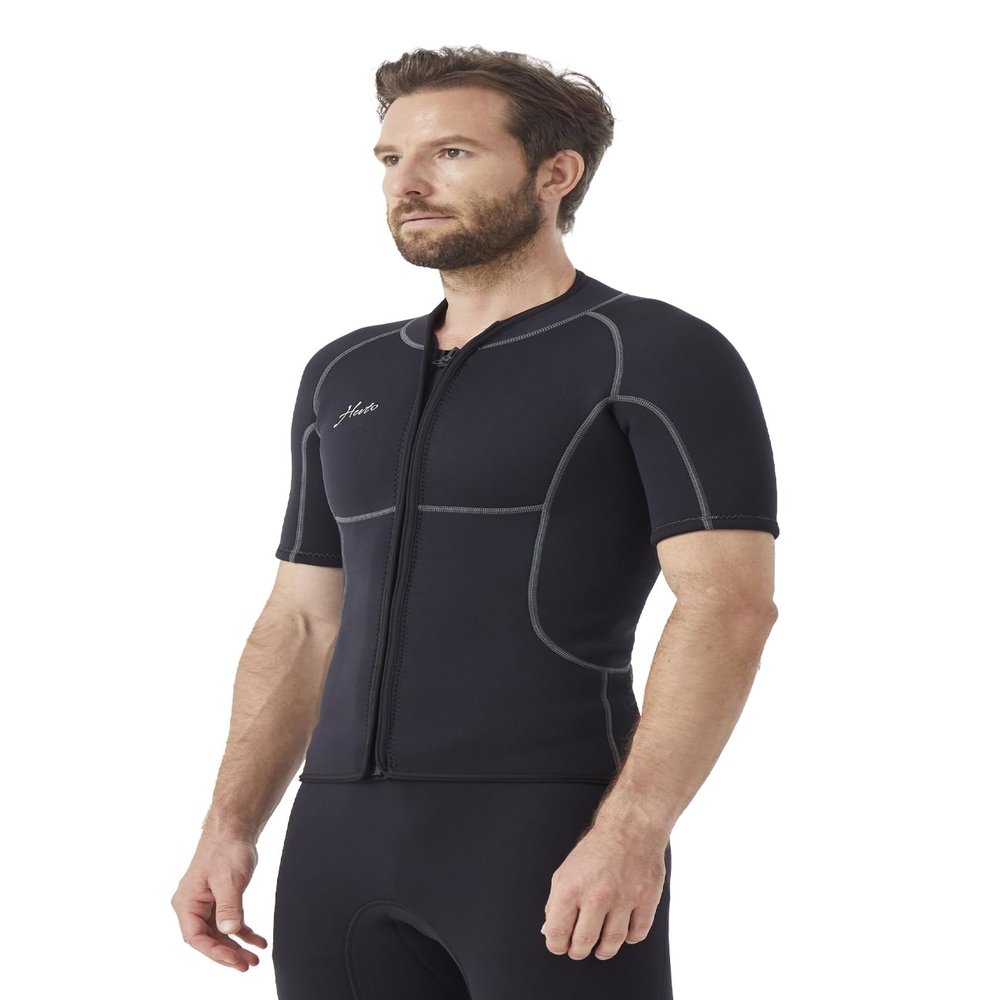 Hevto Men Wetsuits Tops 2mm Neoprene Jacket with Pocket Short Sleeve Surfing Kayak SUP Jet Ski Wet Suit for Water Sports (Tops Short, XL)