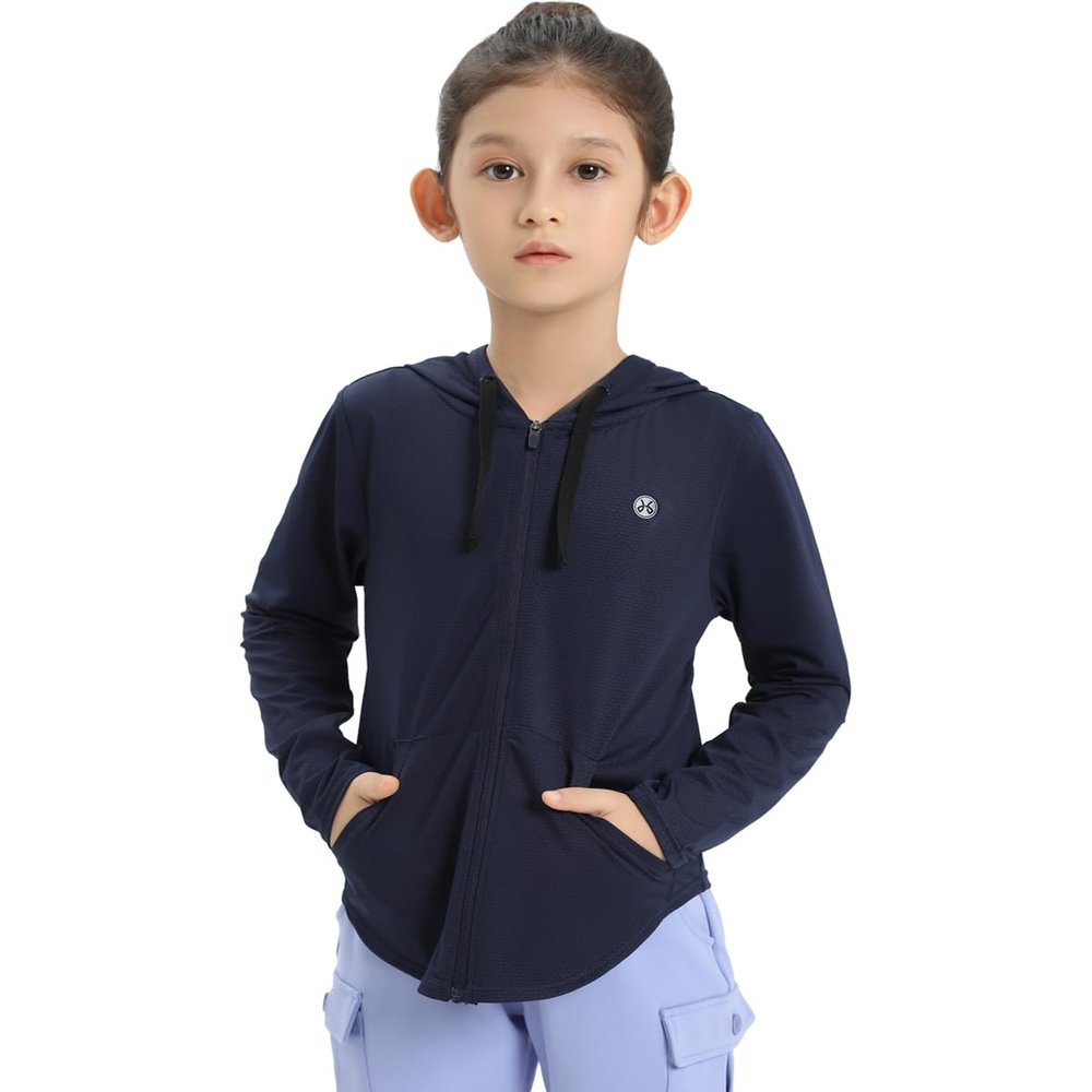 HMILES Girls Zip-Up Hoodie UPF50+ Sun Protection Jacket Hooded Cooling Long Sleeve Shirt Navy 3-4t