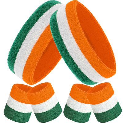 6 Pcs Rainbow Terry Cloth Sweatbands Set - 2 Headbands, 4 Wristbands for Men, Women, Gym, LGBT Pride Parade, Sports (Orange, White, Green)