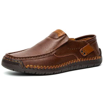 Asifn Men's Loafers Leather Hand-Stitched Casual Shoes Non-Slip Wear-Resistant Flat Bottom Breathable Outdoor Shoes Brown 7.5 US