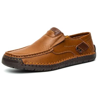 Asifn Men's Loafers Leather Hand-Stitched Casual Shoes Non-Slip Wear-Resistant Flat Bottom Breathable Outdoor Shoes Yellow 7.5 US