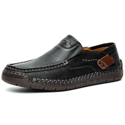 Asifn Men's Loafers Leather Hand-Stitched Casual Shoes Non-Slip Wear-Resistant Flat Bottom Breathable Outdoor Shoes Black 7 US