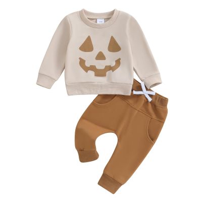 Ursobutegl Toddler Baby Boy Girls Halloween Outfit Pumpkin Face Sweatshirt Pullover Tops Pants Fall Winter Clothes Set (Khaki Pumpkin Face, 18-24 Months)