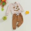 Ursobutegl Toddler Baby Boy Girls Halloween Outfit Pumpkin Face Sweatshirt Pullover Tops Pants Fall Winter Clothes Set (Khaki Pumpkin Face, 18-24 Months) view 2