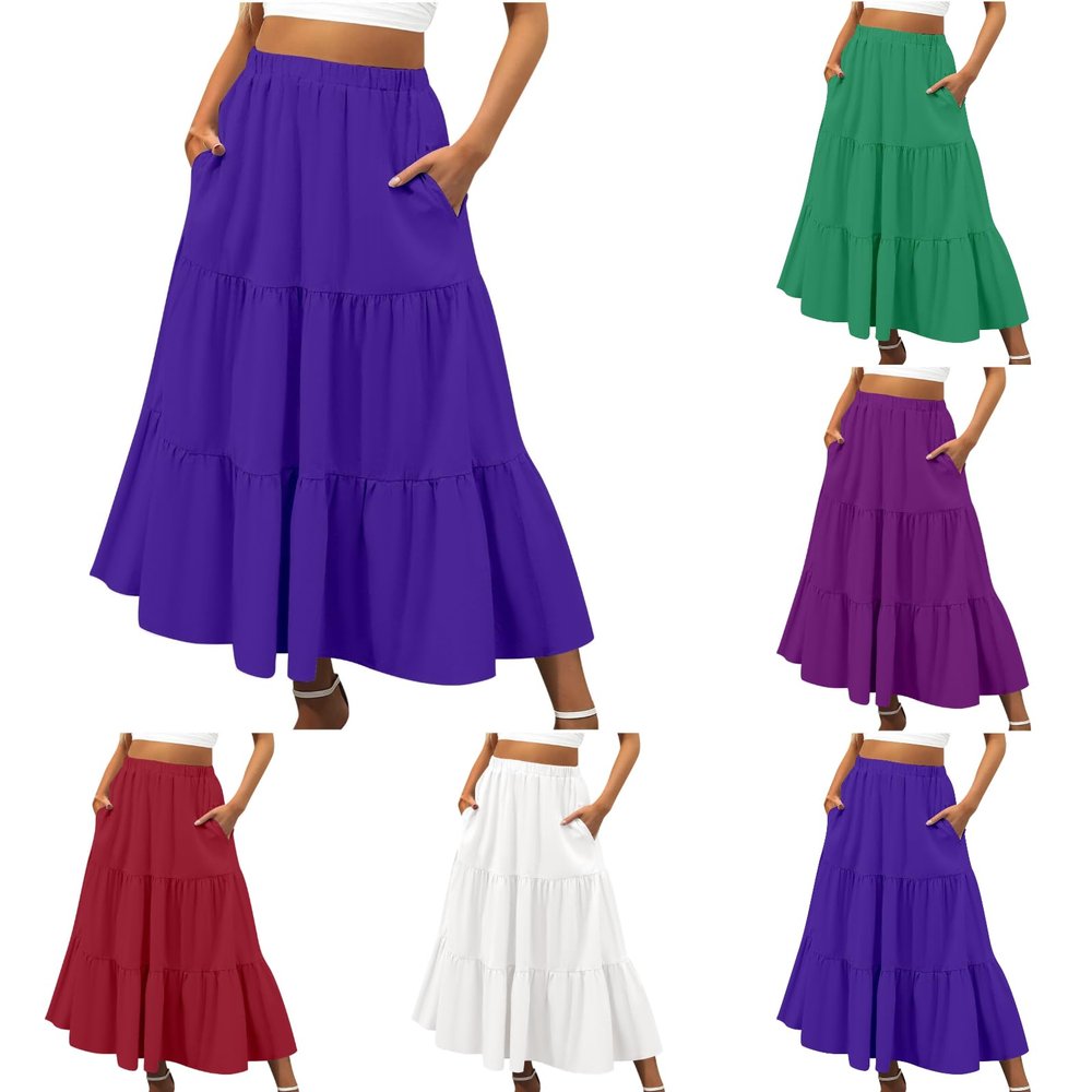 2024 Women's Summer Boho Elastic Waist A-Line Beach Flowy Swing Ruffle Hem Tiered Maxi Skirt with Pockets