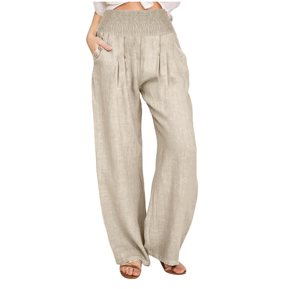 Xiaojmake Women's Summer Cotton Linen Pants Wide Leg Casual Drawstring High Waist Palazzo Pants Loose Trouser with Pockets