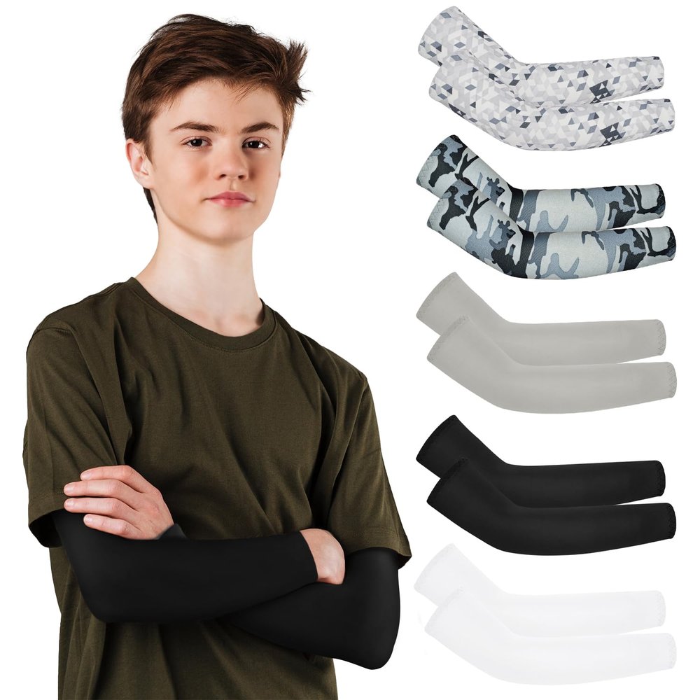 Arm Sleeves Youth 5 Pairs UV Sun Protection Arm Sleeves Cooling Sleeves to Cover Arms Compression Sleeve Youth Baseball Arm Sleeves for Boys Girls Football Basketball Outdoor Sports Arm Sleeves