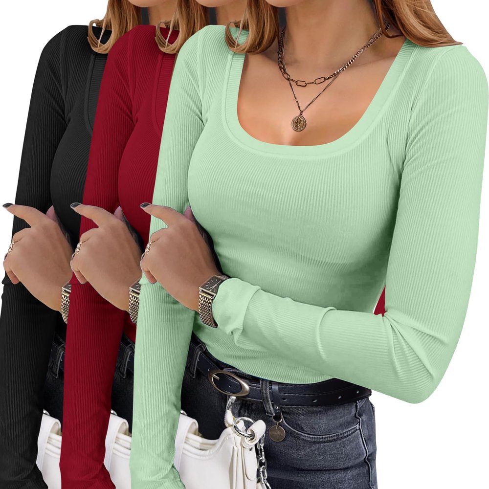 Ekouaer Womens 3 Pack Long Sleeve Shirts Square Neck Basic Ribbed Tops Tee Thermal Undershirts Black/Burgundy/Green X-Small