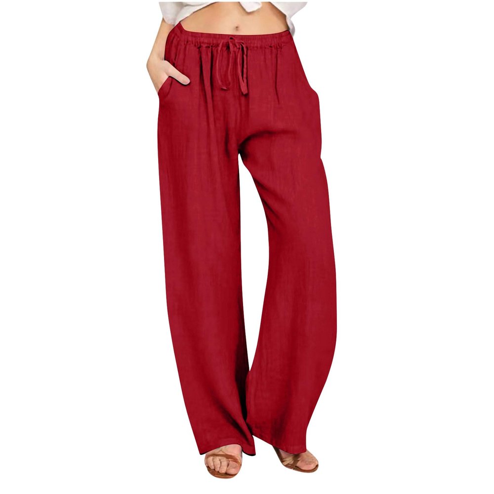 Xiaojmake Women's Summer Cotton Linen Pants Wide Leg Casual Drawstring High Waist Palazzo Pants Loose Trouser with Pockets Red