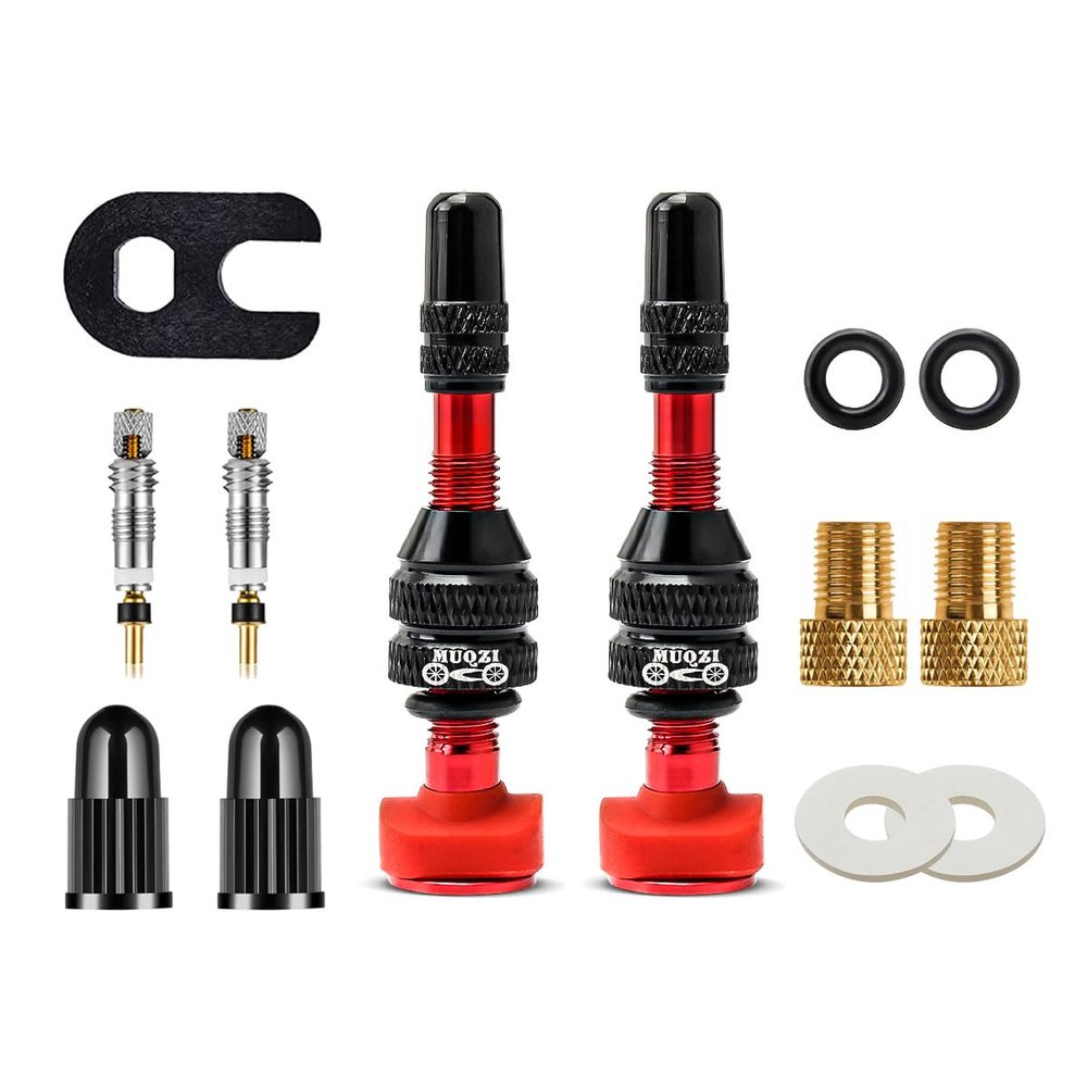 Tubeless Presta Valve Stem Kit, Bicycle Tubeless Valve Stem with Bicycle Valve Adapter with Valve Core Remover Tool and Valve Stem Caps, Red(40mm)