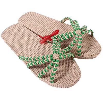 TRBPQAS Unisex Straw Slipper Rattan Summer Slippers, Indoor Slippers Casual Sandals Woven Slipper Shoes Natural Braided Shoes (Green,Women 8.5-10/Men 7-8.5)