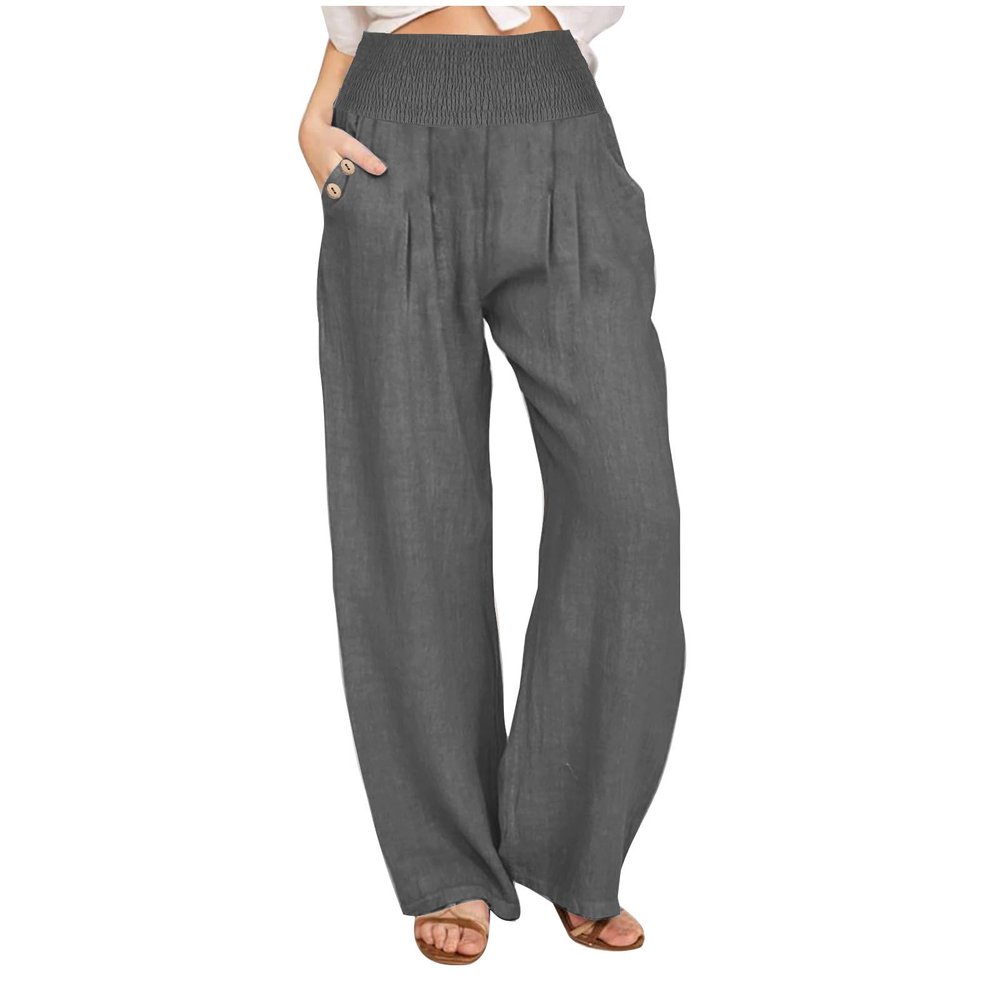 Xiaojmake Women's Summer Cotton Linen Pants Wide Leg Casual Drawstring High Waist Palazzo Pants Loose Trouser with Pockets