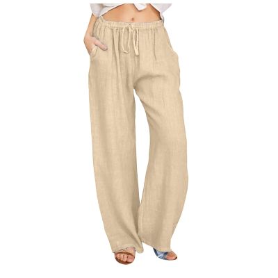 Xiaojmake Women's Summer Cotton Linen Pants Wide Leg Casual Drawstring High Waist Palazzo Pants Loose Trouser with Pockets Khaki